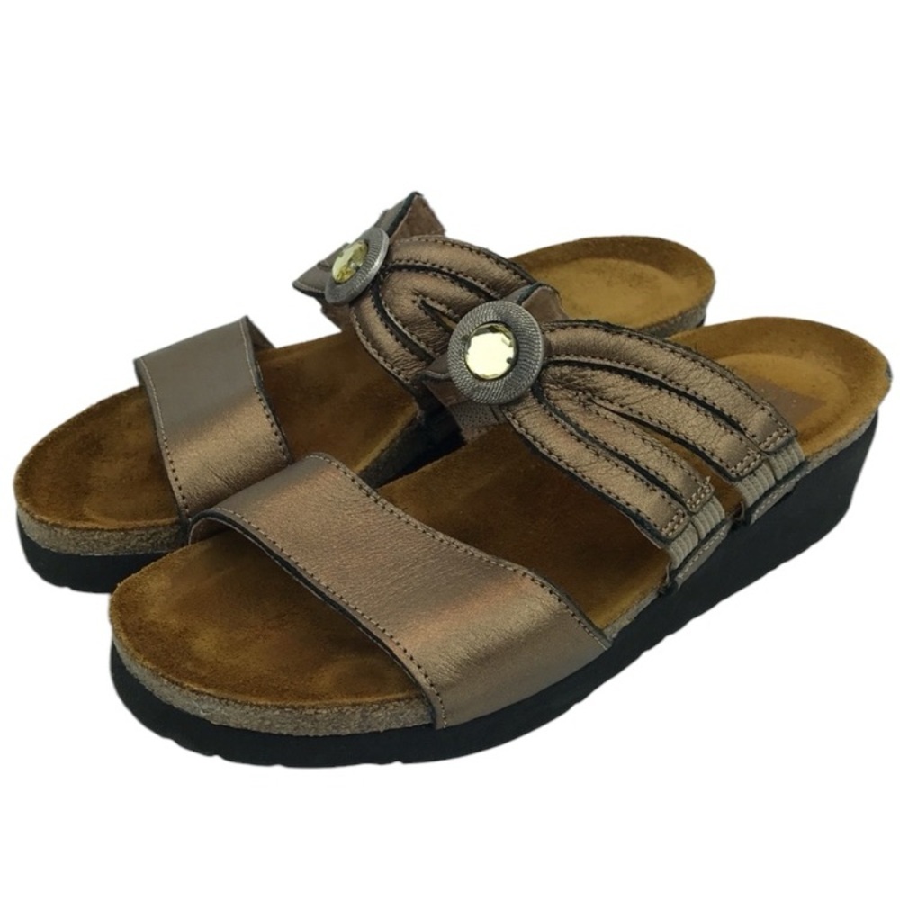 NAOT Bronze Leather Jeweled Wedge Slide Sandals